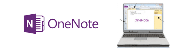 OneNote logo and image of OneNote on computer