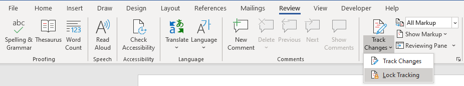 An image of the Word ribbon with the Lock tracking button
