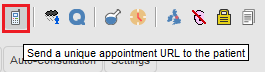 Screenshot of SystmOne toolbar with the send appointment url icon highlighted and tooltip displayed