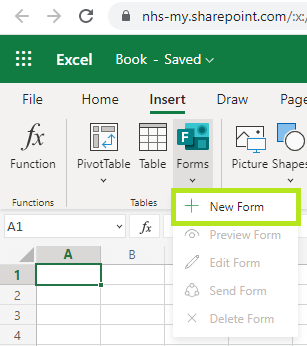 Excel online can be accessed at Office.com and Forms is on the Insert tab