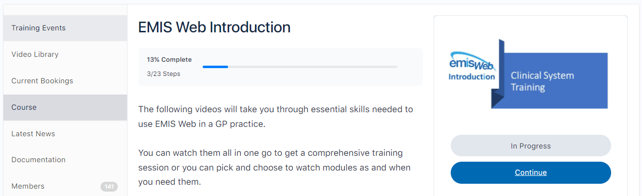 Screenshot of the EMIS training group page of our website, with courses selected from the menu, to view the new EMIS Web Introduction course