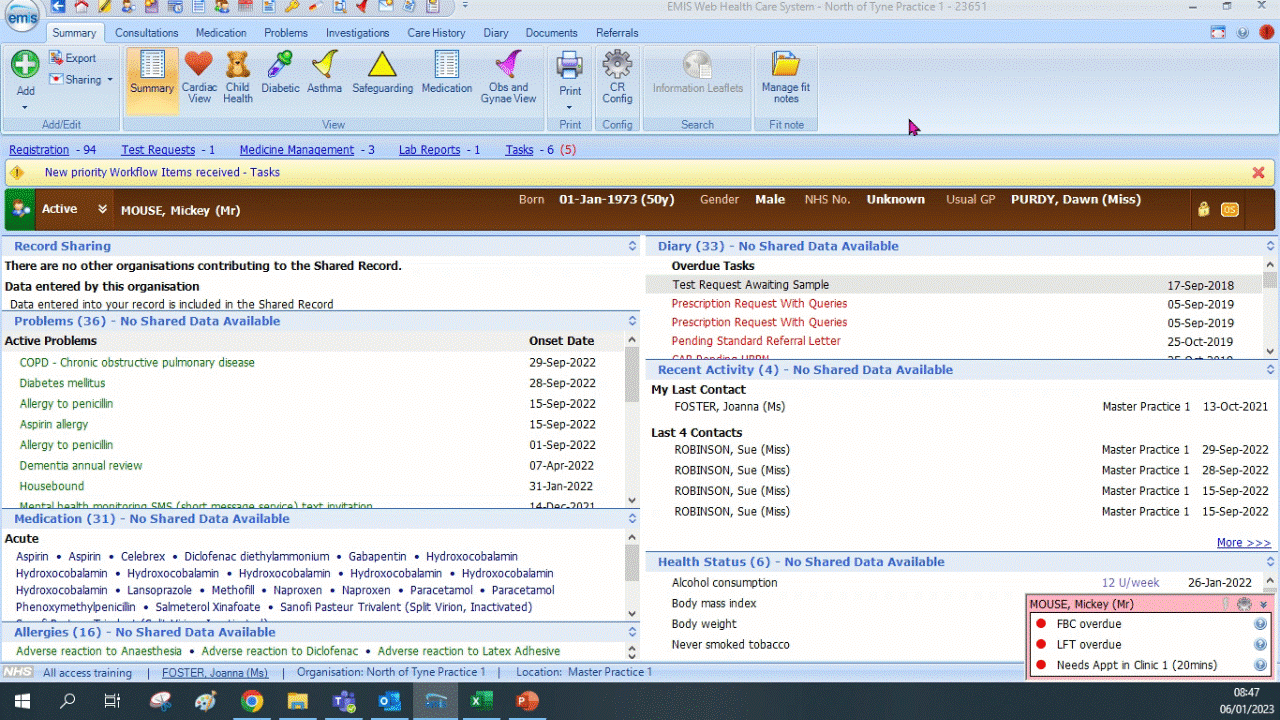 Screen recording of the emis web summary screen with the alerts panel being dragged to another location