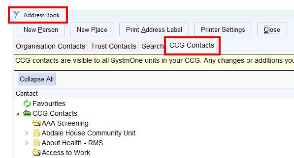 Image of SystmOne CCG Address book tab